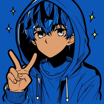 teenage manga boy in a hoodie, doing ✌