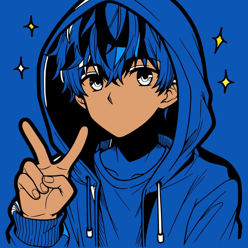 teenage manga boy in a hoodie, doing ✌