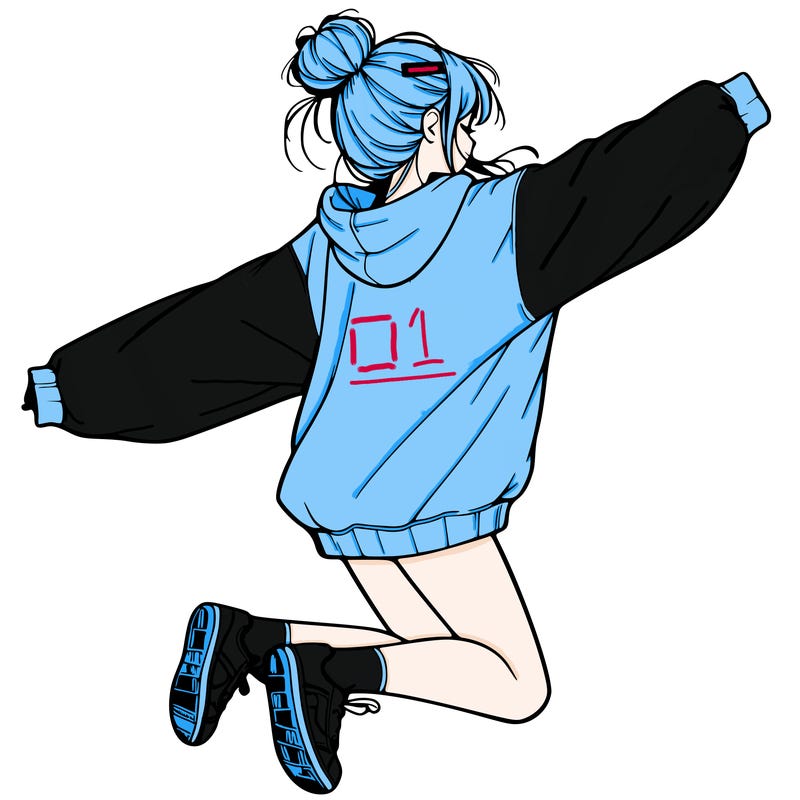 realistic girl jumping with a bun and oversized sweatshirt