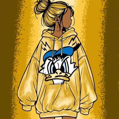 realistic girl with a oversized sweatshirt on and a bun