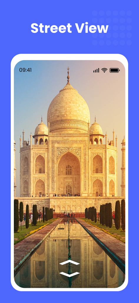 Street View - Live 3D GPS Map - Mobile app screenshot showing a 3D panorama view of the Taj Mahal