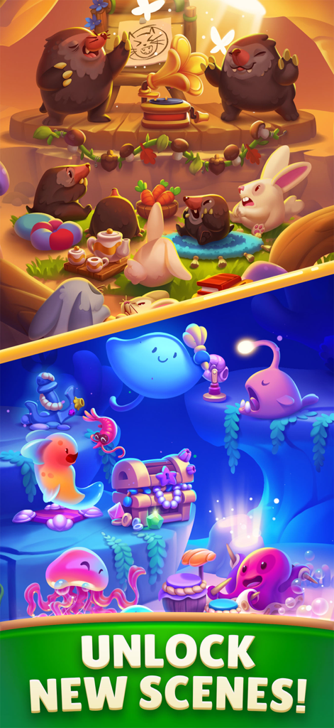 My Lovely Planet Puzzle Match3 - A vertical split screen showing two whimsical game environments featuring cute animals in a forest and vibrant sea creatures underwater with the text Unlock New Scenes.