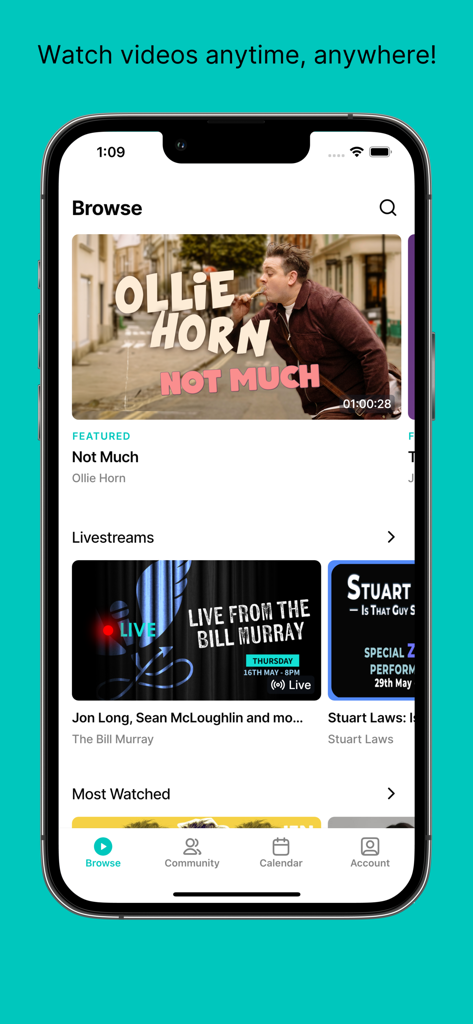 NextUp - Watch Stand-Up Comedy - The browse section of the NextUp stand-up comedy app featuring specials and live comedy shows.