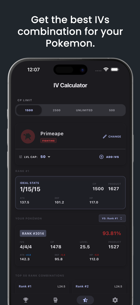 BattleFlow: PoGo PVP Companion - IV calculator screen in the BattleFlow app showing PVP stats and rankings for a Primeape in Pokemon GO