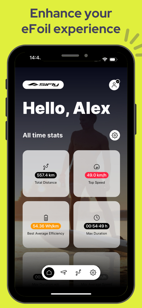 SiFly eFoils - Panel de control de la aplicación SiFly eFoils que muestra todas las estadísticas de conducción, incluida la distancia total y la velocidad máxima.