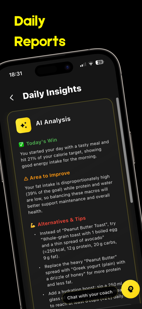 Daily insights screen showing AI analysis of calories and nutrition tips
