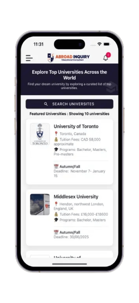 Abroad Inquiry - Abroad Inquiry app interface showing a list of international universities with details on tuition fees programs and application deadlines