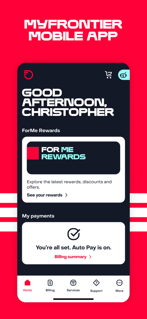 MyFrontier mobile app home dashboard showing the rewards section and auto pay status