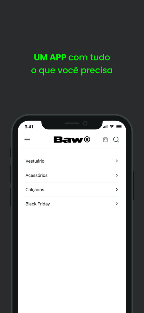 Interfaz de la aplicación móvil BAW Clothing que muestra categorías de ropa, accesorios, calzado y ofertas de Black Friday.