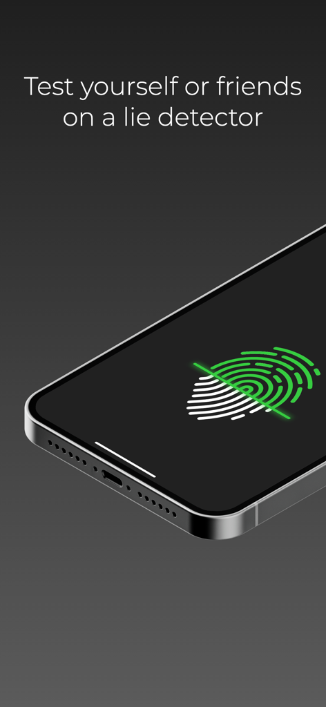 Lie Detector Test - Polygraph - Un écran de smartphone montrant une animation de numérisation d'empreintes digitales pour une application de farce de détecteur de mensonges avec une superposition de texte.