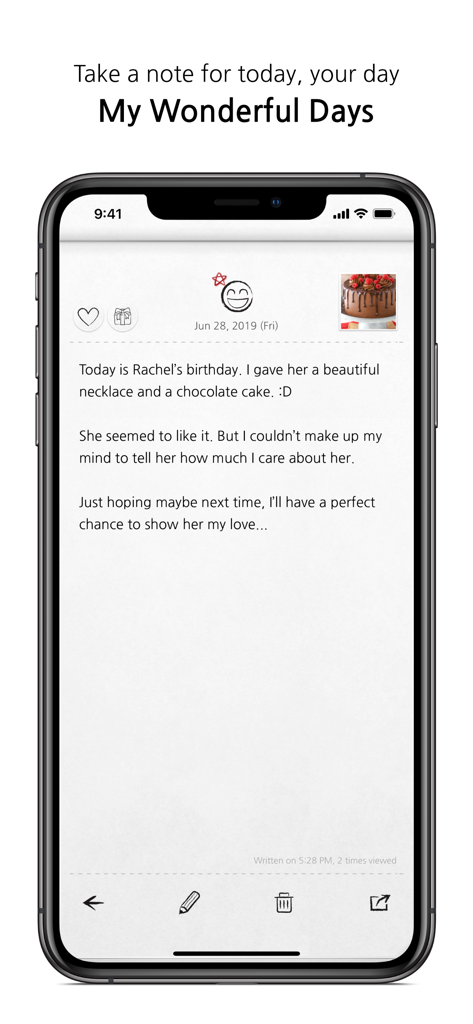 My Wonderful Days Journal - 気分の絵文字と誕生日ケーキの写真が表示されたデジタルジャーナルエントリ