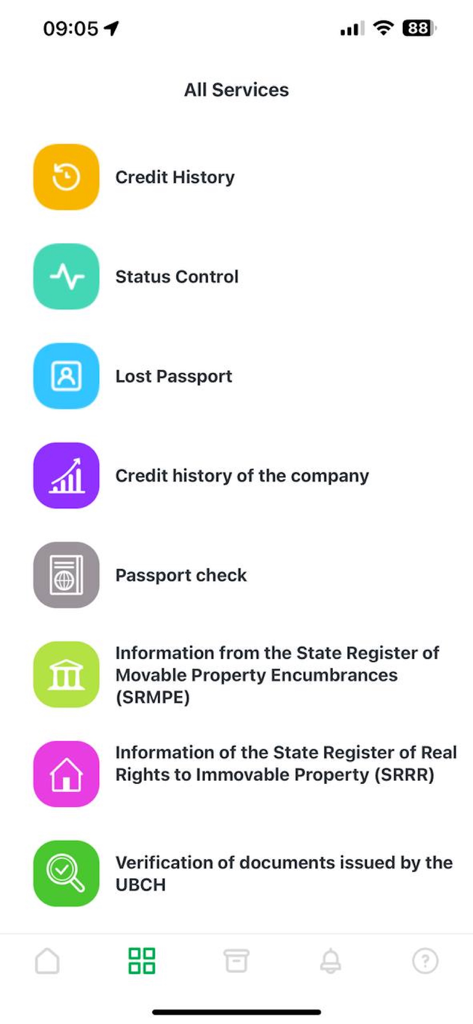 UBKI - Credit history - The All Services screen of the UBKI app displaying features like credit history lost passport reports and property registries