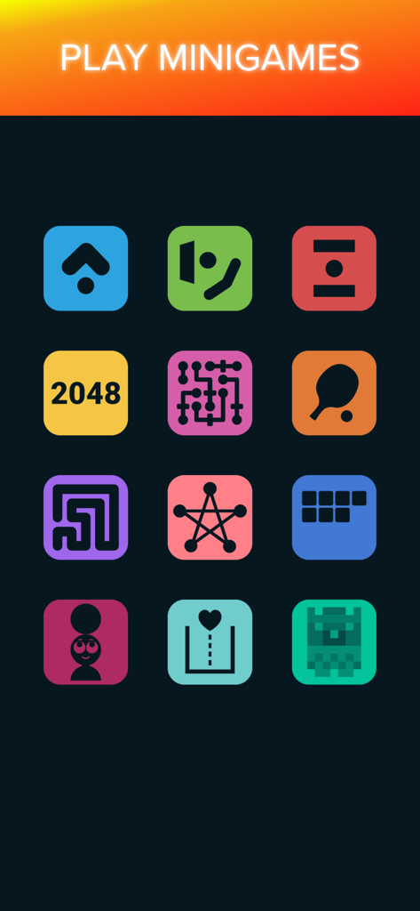 A menu of colorful minimalist puzzle minigame icons
