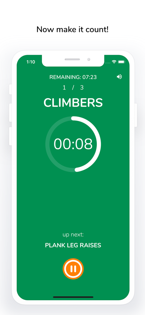 Un écran de minuteur d'entraînement fractionné minimaliste vert montrant un compte à rebours pour l'exercice des grimpeurs avec un indicateur de temps restant et un aperçu de l'exercice à venir