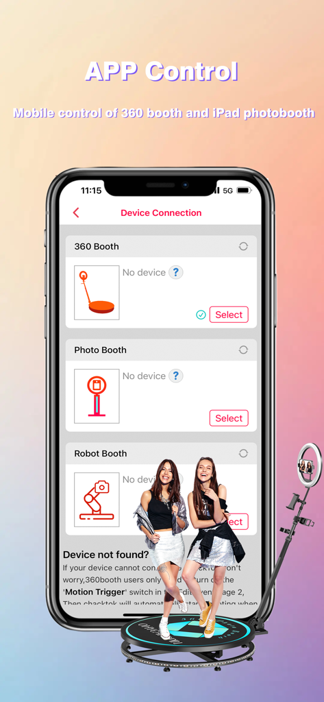 ChackTok App-Bildschirm, der Geräteverbindungsoptionen für die drahtlose Steuerung von 360°- und iPad-Fotoboxen anzeigt.