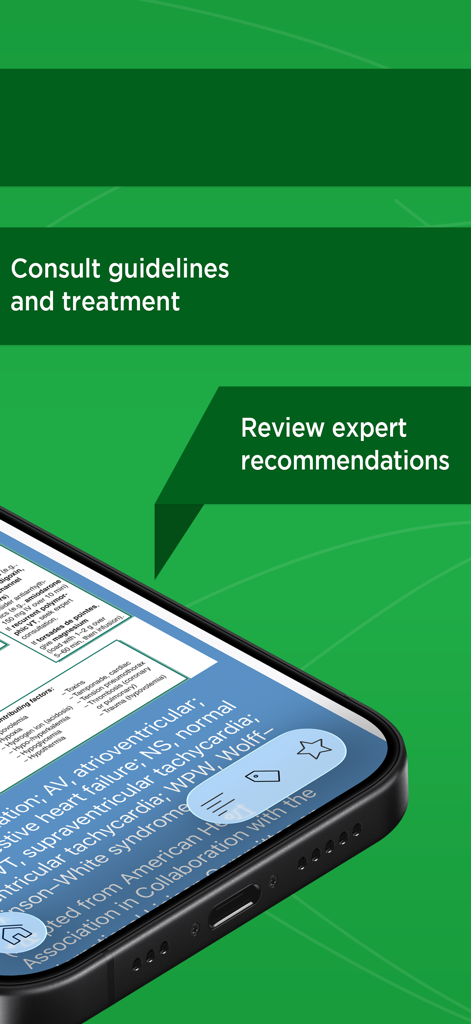 Pantalla de teléfono inteligente que muestra guías médicas y recomendaciones de tratamiento de expertos en la aplicación The Washington Manual