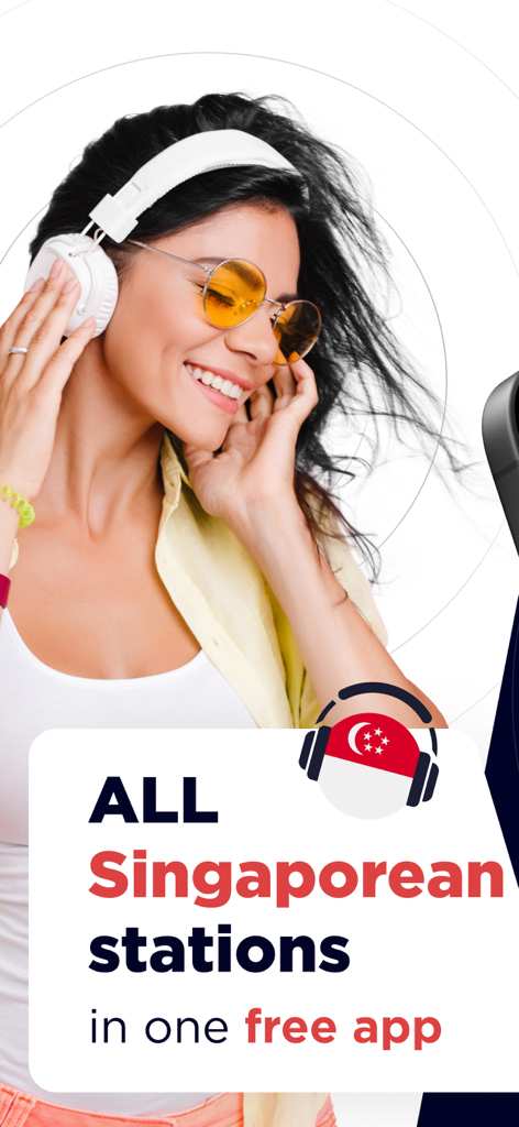 A woman wearing headphones and sunglasses with the text All Singaporean stations in one free app