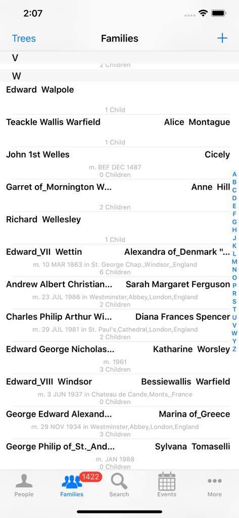 GedView - GedViewアプリのインターフェース。結婚日と子供の数を含む家族の系統のリストが表示されます。