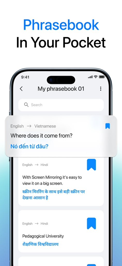 Mobile app interface of the Translate Go phrasebook showing saved translations in multiple languages.