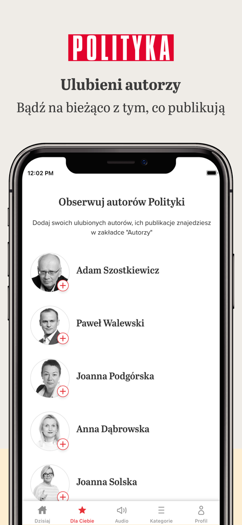Mobile screen showing a list of authors to follow in the Polityka news app