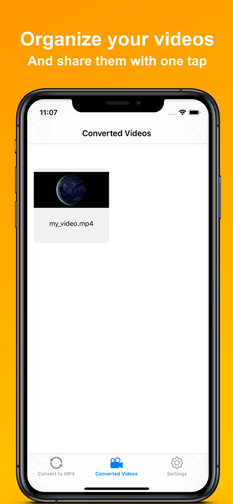 Mobile app interface showing a library of converted MP4 video files ready for sharing