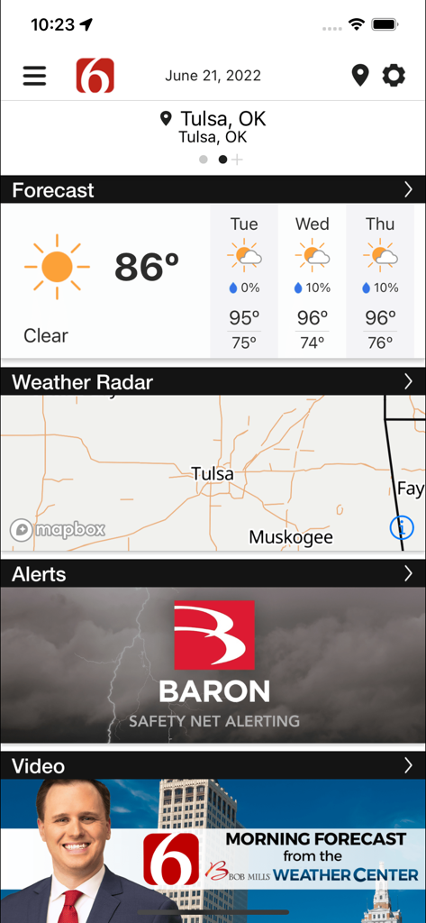 News on 6 Weather - News on 6 Weather app interface showing Tulsa forecast weather radar map and safety alerts