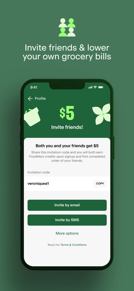 FoodHero app referral screen showing the invite friends feature to earn grocery credits