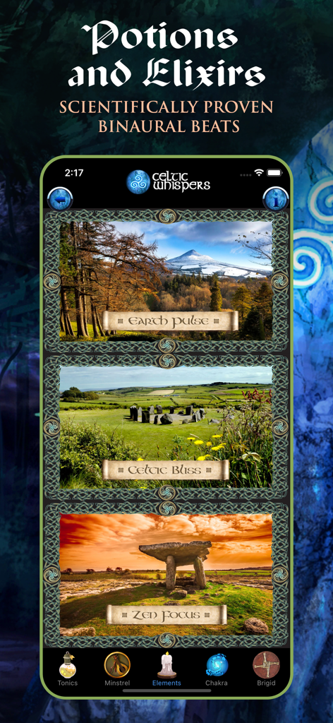 Pantalla de la aplicación Susurros Celtas mostrando categorías de meditación de latidos binaurales como Pulso Terrestre y Felicidad Celta con paisajes escénicos