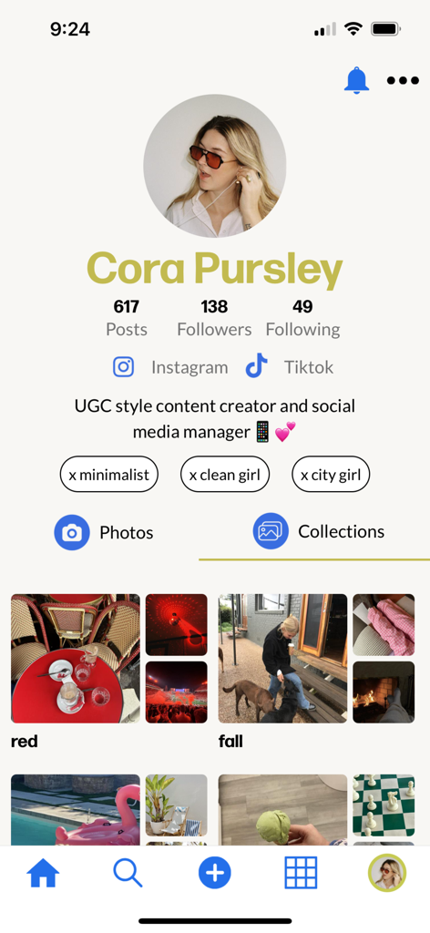 Perfil de criador no aplicativo Dupe Photos mostrando coleções de imagens estéticas e tags de conteúdo UGC