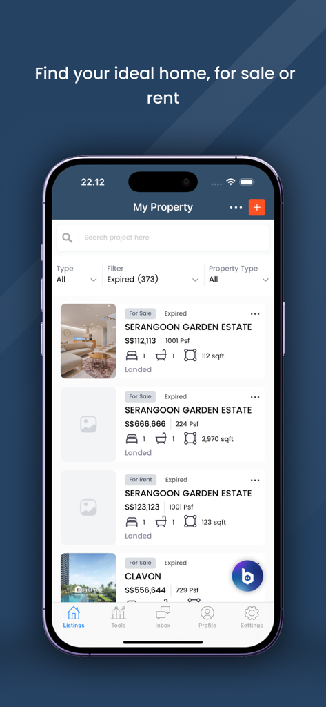 Mobile app interface of EdgeProp Analytics Singapore showing property listings for sale and rent