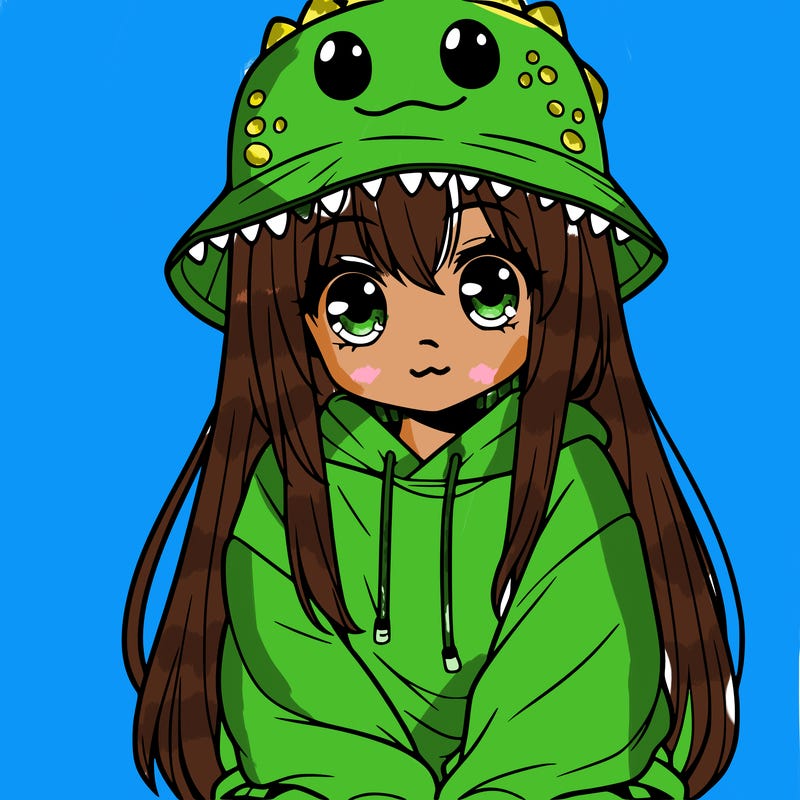 girl with anime shaped eyes with a dinosaur bucket hat oversized sweatshirt long straight hair