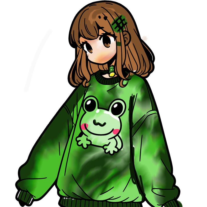 girl wearing frogging sweatshirt