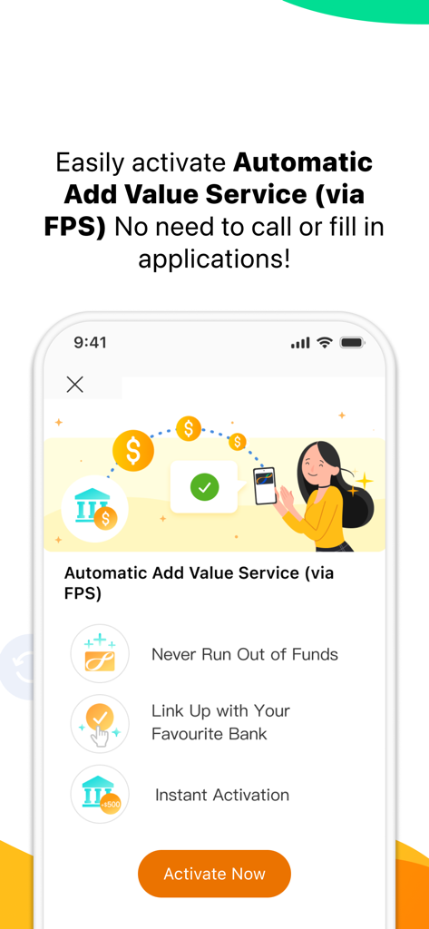 Octopus app screen for activating Automatic Add Value Service via FPS with bank linking