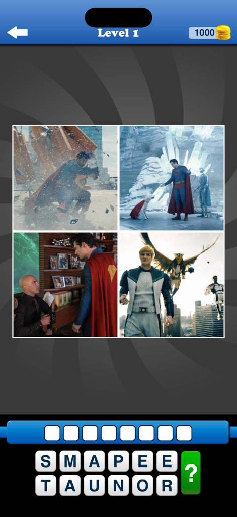 Guess the Movie: Film Pop Quiz - Pantalla de juego del quiz Adivina la Película que muestra cuatro escenas de una película de Superman con una cuadrícula de selección de letras.