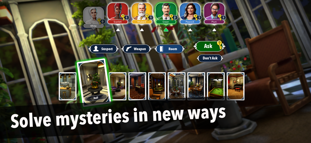 Clue - A screenshot of the Clue mobile game showing the interrogation screen with character suspects and room cards in the conservatory