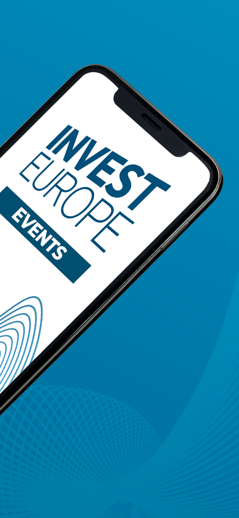 Invest Europe Events - Startbildschirm der Invest Europe Events App, gezeigt auf einem iPhone-Display mit blauem Hintergrund