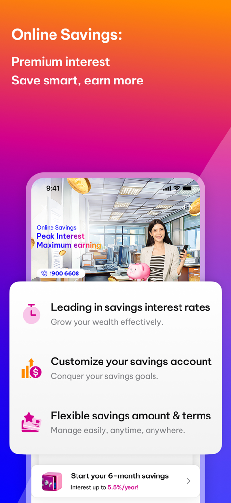 Vikki - Ngân hàng Số - Vikki Digital Bankオンライン貯蓄画面、ユーザー向けの高金利と柔軟な条件を表示