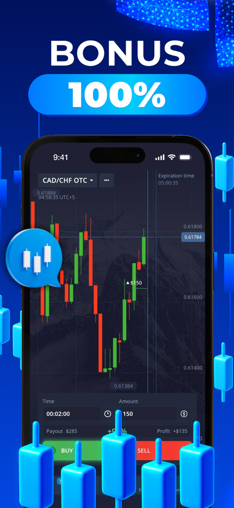 My PосkеtОptiоn : Smart list - Tela de smartphone mostrando um aplicativo de negociação financeira com gráficos de velas e botões de compra e venda
