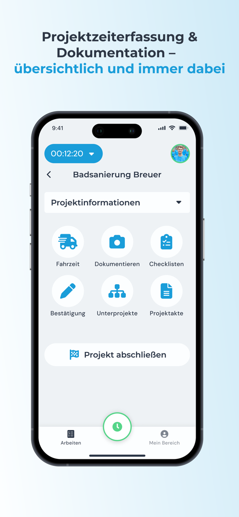 clockin – Zeiterfassung - Clockin app interface for project time tracking and digital documentation