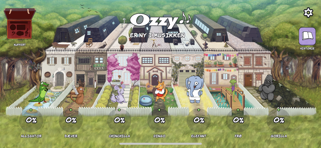 ozzy.games - A row of colorful houses with animal characters representing different music learning modules in the Ozzy games app