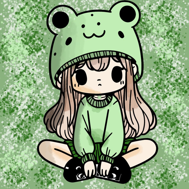 a girl wearing a frog hat and some frog socks