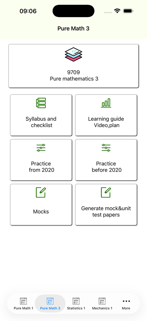 AlevelMath - Panel de control de AlevelMath para materiales de estudio de Matemáticas Puras 3, incluyendo temario y exámenes de práctica.