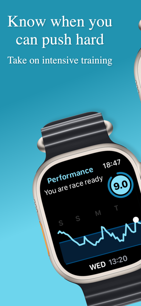 Training Today - Pantalla de Apple Watch que muestra una puntuación de "listo para entrenar" de 9.0 y un gráfico de rendimiento