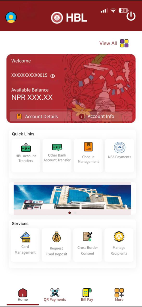 HI-MB Plus - HI-MB Plus mobile banking dashboard showing HBL account balance and financial services.