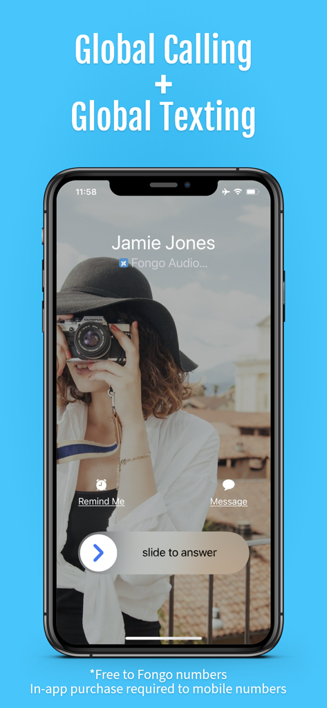 Fongo World Edition - Fongo World Editionアプリの着信画面。グローバル通話とテキストメッセージのヘッダーが表示されています。