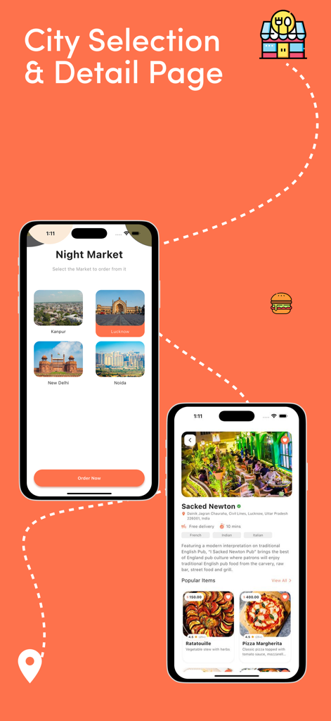 Graby.qa - Two mobile screens of the Graby.qa app showing city selection and a detailed restaurant page with popular food items.