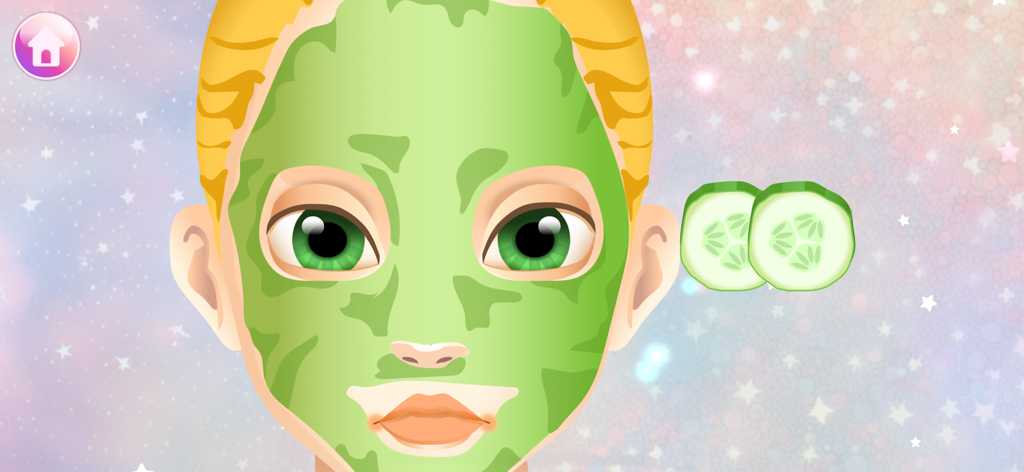 Makeup Games: Beauty Princess - A cartoon princess with a green facial mask and floating cucumber slices in a spa game