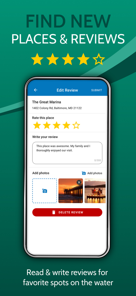 A mobile screen from the Argo boating app showing a user writing a review and adding photos for a marina
