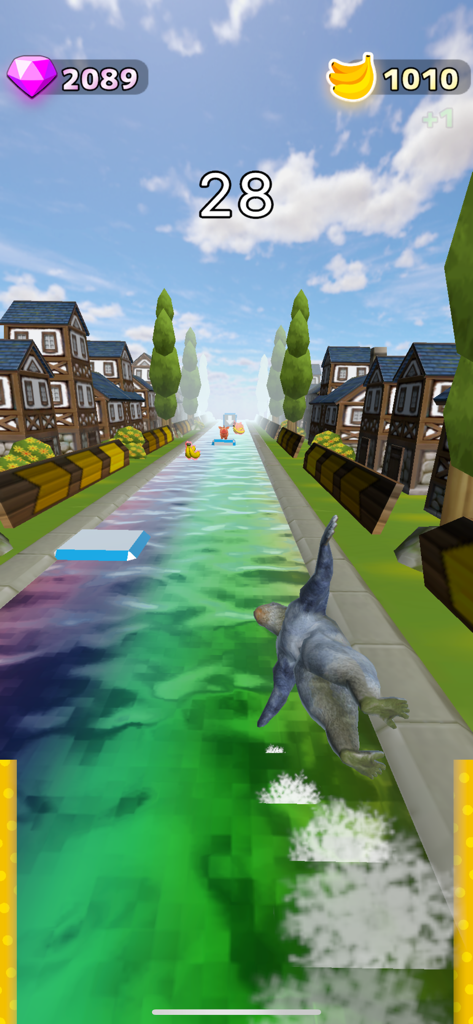 Flying Gorilla - A 3D gorilla flying over a colorful water path in the Flying Gorilla mobile game