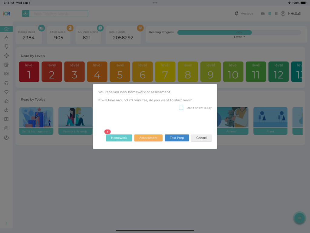 iChineseReader student dashboard displaying reading levels and a homework assignment notification